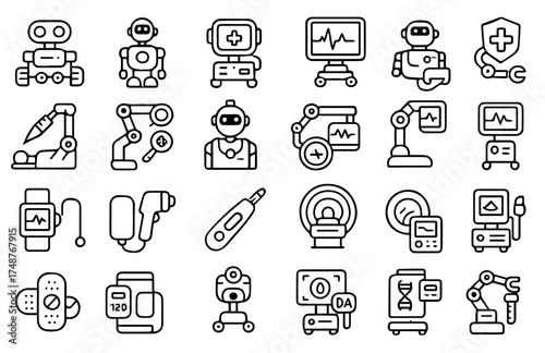 Collection of medical and robotic icons representing health technology and automation in healthcare settings