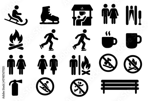 Icons representing winter sports and safety rules for a safe outdoor experience