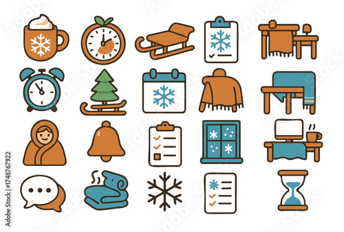 Winter-themed icons depicting cozy activities and seasonal elements in a cheerful color palette