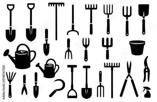 Collection of gardening tools displayed in black silhouette against a white background with various shapes and sizes