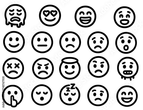 Collection of different emoticons showing various feelings, including happiness, sadness, and surprise on a white background