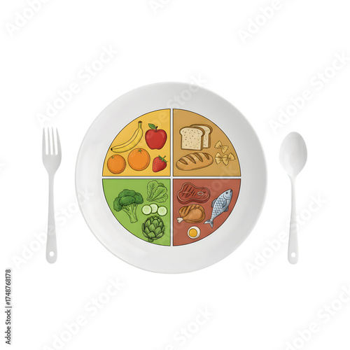 Balanced Plate of 4 Food Groups (Fruits, Vegetables, Grains, Protein), isolated on transparent background

