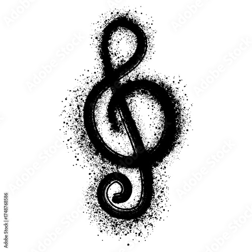 Treble clef in grunge texture, Black Ink brush drawn treble clef on the white background.