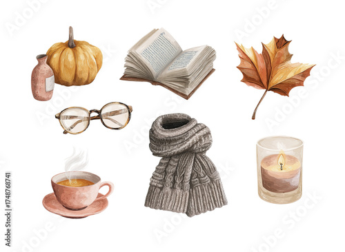 Autumn mood vector set. Watercolor pumpkin, open book, glasses, scarf, candle, tea cup, leaf, bottle in gouache hand drawn collection illustration.