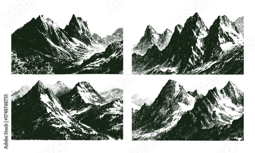 Vintage mountain vector set. engraved landscape with pines rocky cliffs, riverbed, and classic hand drawn etching detail for posters, apparel, and branding. Vector illustration.