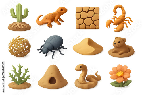 Desert Ecology Icons. Desert Soil Ecology set of icons in 3D color style: cactus roots, lizard, dry cracked soil, scorpion, tumbleweed, desert beetle,