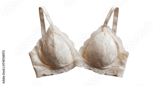 PNG of Elegant beige lace bra with delicate detailing and soft straps, perfect for adding style to everyday wear.