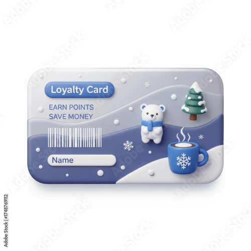 Winter-themed loyalty card design featuring a polar bear, snowflake, and a cup of hot chocolate.