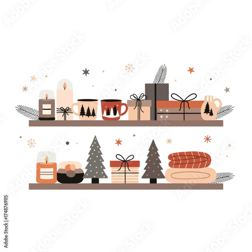 Cozy Christmas Shelves with Gifts, Candles, and Decorations.