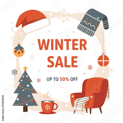 Winter sale promotional banner with Christmas decorations and cozy home elements.