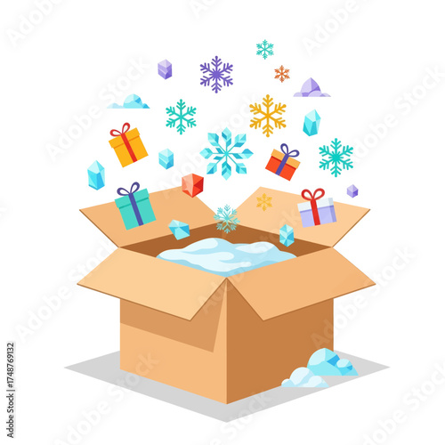 An open cardboard box overflowing with gifts, snowflakes, and crystals, suggesting a winter holiday theme.