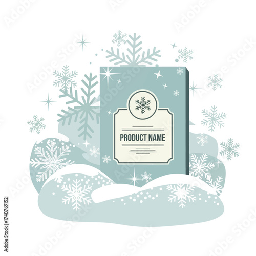 A light blue product box with a snowflake emblem rests on a snowy landscape surrounded by falling snowflakes.