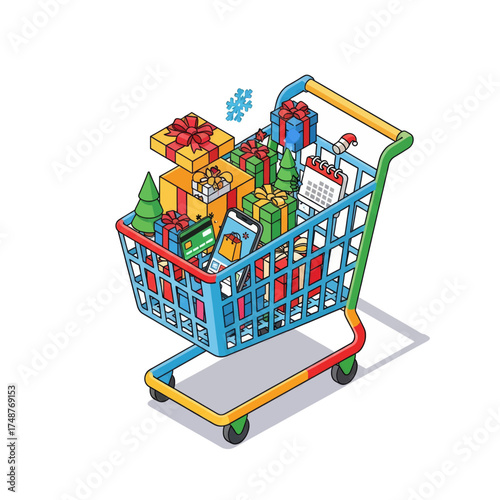A full shopping cart overflowing with Christmas gifts and holiday decorations, ready for the festive season.