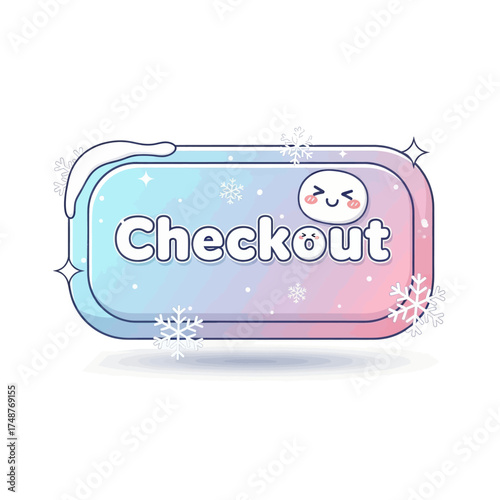 Cute pastel 'Checkout' button with snowflakes and a happy face, designed in a kawaii winter theme for web or app UI.