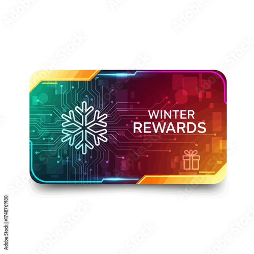 Vibrant digital winter rewards card featuring a snowflake and gift box icon on a circuit board background with a colorful gradient.