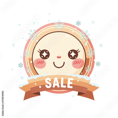 Cute cartoon face with a sale banner and snowflakes, festive design.