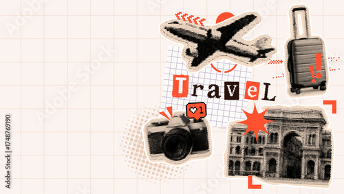 Travel theme collage with airplane, suitcase, camera, and monument. Fun vacation concept for advertising, greeting card, or social media.