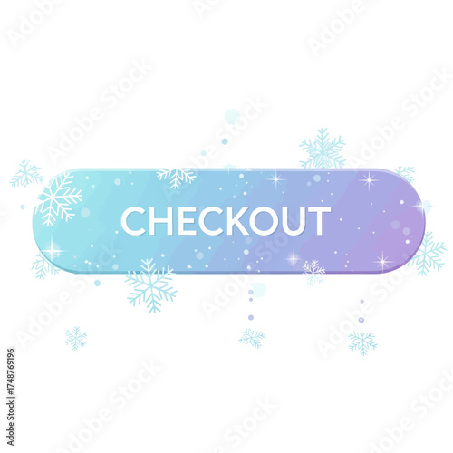 A rounded rectangular button with the word CHECKOUT in white text, set against a gradient background of blue and purple, with snowflakes and sparkles.