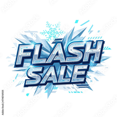 A dynamic graphic featuring the words "FLASH SALE" in bold, icy blue lettering against a backdrop of sharp, crystalline ice shards and a snowflake.