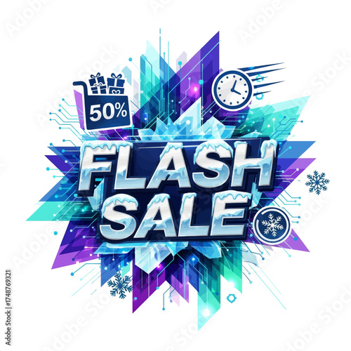 Dynamic Flash Sale graphic with icy accents, featuring a shopping cart with 50% off, a clock, and snowflakes, set against a vibrant geometric background.