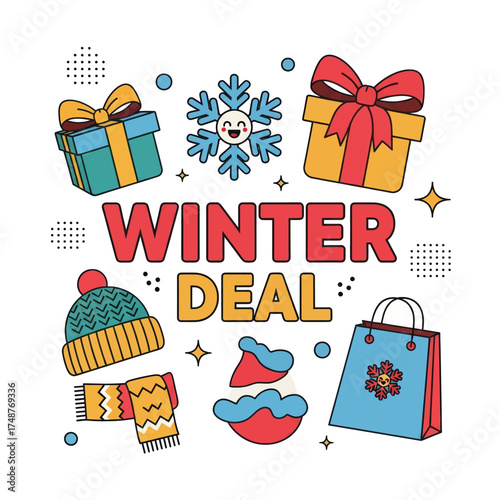 Colorful winter deal illustration featuring gifts, snowflake, hat, scarf, and shopping bag, perfect for seasonal promotions.