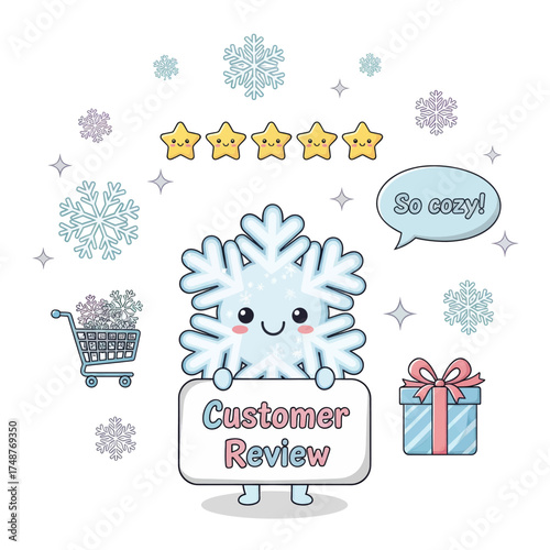 A cute snowflake character holding a 'Customer Review' sign, surrounded by stars, snowflakes, a gift, and a shopping cart.