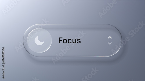 Liquid glass morphism vector button with crescent moon icon and word focus, user interface element design concept for application and web.