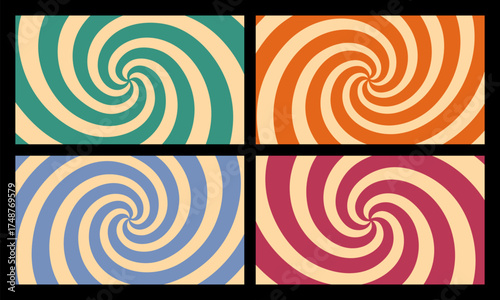 Collection of four colorful groovy swirl backgrounds. Retro vintage hypnotizing spiral pattern. Abstract vector art for poster, banner, presentation, or design element.