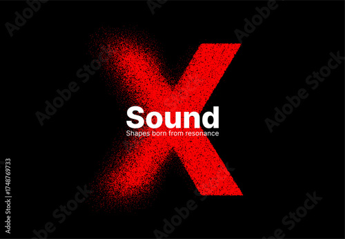 Red letter X with sound text and stipple noise texture on black background. Abstract modern typographic design for music, art, or technology.