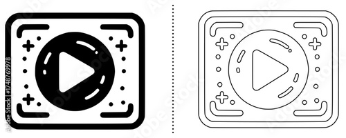 Vector play button icon with sparkles inside rounded rectangle frame, creative multimedia symbol for video player, streaming app, online entertainment and digital media design