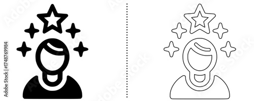 Vector icon of inspired person with star above head, symbol of creativity, motivation, talent recognition, personal achievement, self growth and positive mindset illustration