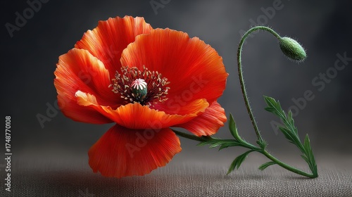 Vibrant Red Poppy Flower with Bud on Dark Textured Background Capturing Nature's Beauty and Elegance