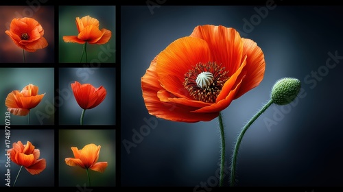 Vibrant Orange Poppy Flowers in a Creative Display with Detailed Textures and Backgrounds