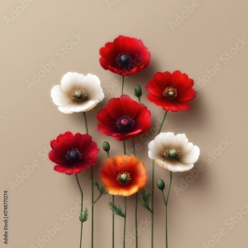 Vibrant Collection of Colorful Anemone Flowers on a Soft Beige Background for Elegant Floral Decor