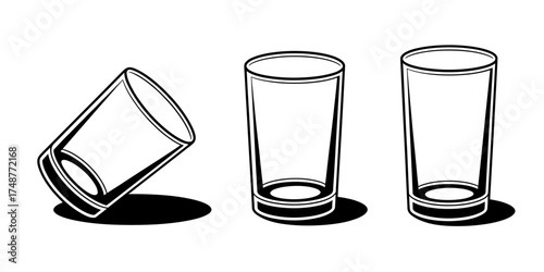 Three glasses drawing black and white empty transparent drinking vessel for beverages