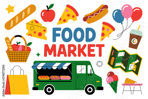 Vibrant food market scene with truck balloons pizza hot dog ice cream and shopping bags