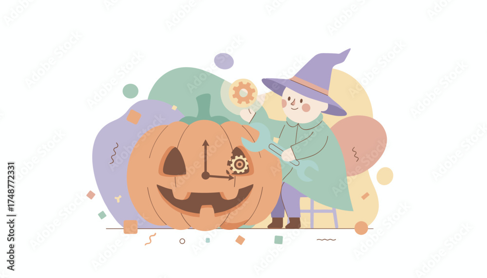Naklejka premium Whimsical wizardmechanic fixing a Halloween pumpkin with gears and clock hands