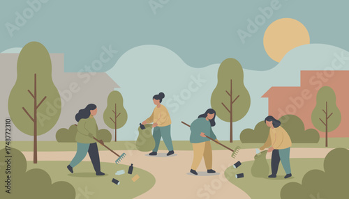 Women volunteers cleaning park collecting litter with rakes and bags Environmental protection concept