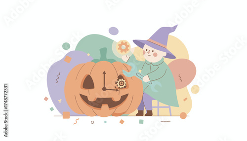 Whimsical wizardmechanic fixing a Halloween pumpkin with gears and clock hands