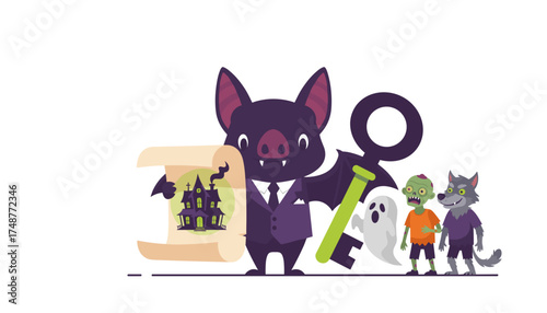 Cartoon bat realtor with key and scroll offering a haunted house to monster friends for Halloween fun
