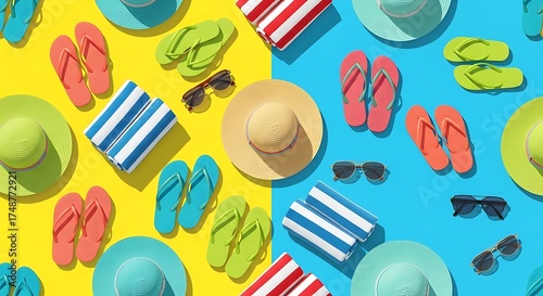 Summer Essentials: A vibrant composition of sunglasses, hats, flip-flops, and towels arranged on a bright yellow and blue background, celebrating the essence of summer relaxation and leisure.