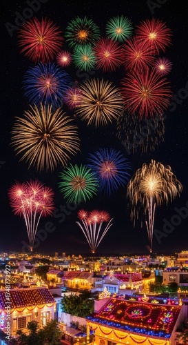 Colorful fireworks exploding over a brightly lit city during Diwali, a festival of light and celebration. Holiday event backdrop.