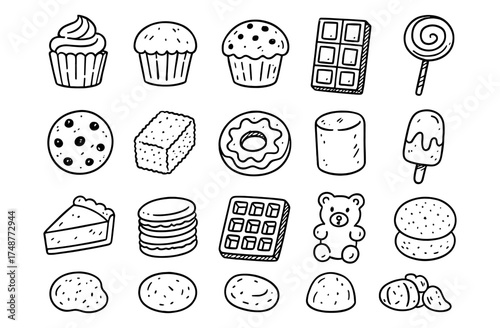 Hand-drawn desserts and sweets collection: doodles of cupcakes, cookies, and more