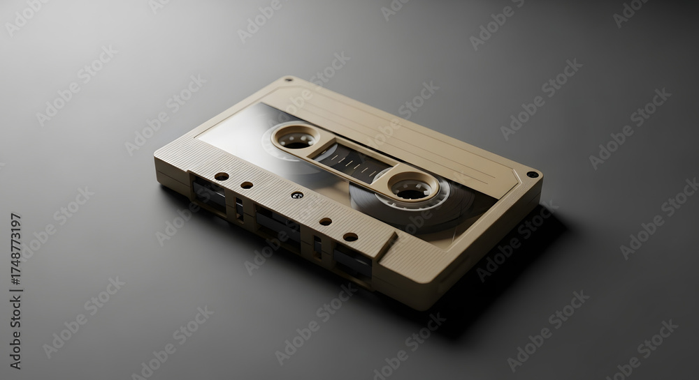 Fototapeta premium Retro audio cassette on dark background, vintage analog media symbolizing sound recording and preservation, concept of audiovisual heritage and memory archive