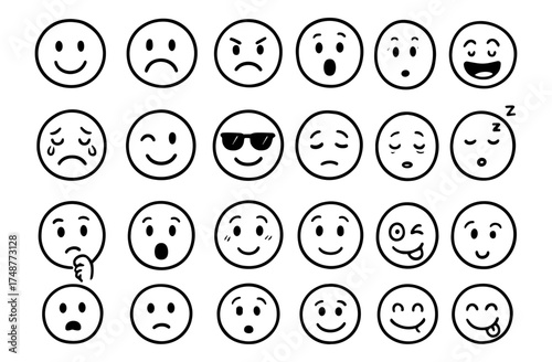 Cute linear emoji faces: expressive hand-drawn happy and sad emoticons