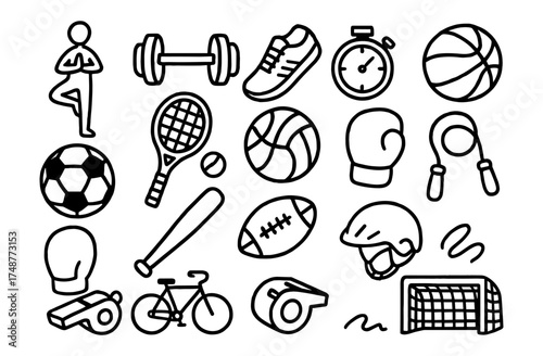 Simple hand drawn sports equipment icons for fitness and recreation