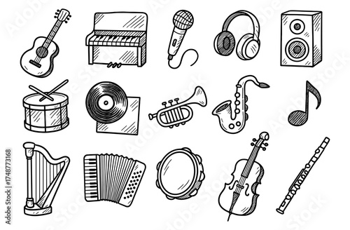 Hand drawn musical instruments collection for creative designs