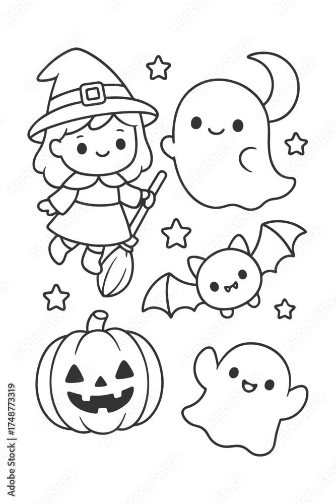 Fototapeta premium Cartoon set features a funny, child-like character illustration with a smiling face - Halloween doodle coloring