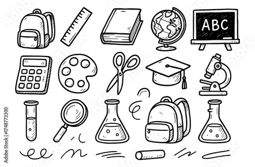 Hand drawn school supplies icons with backpacks and scientific tools