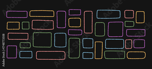 Colorful chalk outline rectangle frame set on black chalkboard background in organic form. Outline border and text box pack offers modern template for creative display and message.